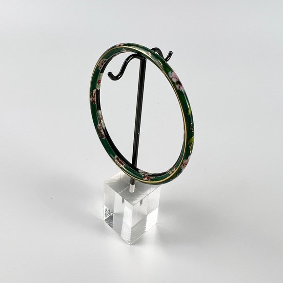 Vintage Pair of Chinese Thin Black Green Cloisonne Enamel Floral Bangles Bracele - Picture 2 of 4